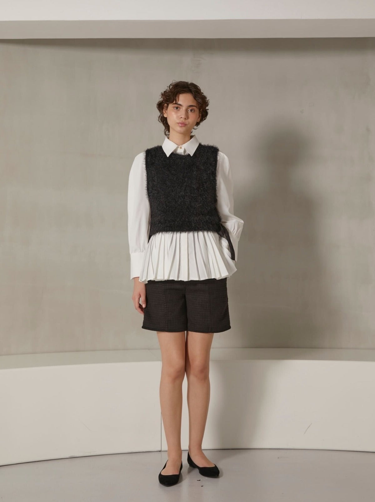 pleats shirt "knit vest set"