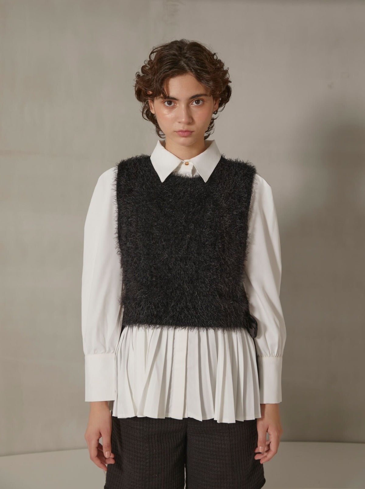 pleats shirt "knit vest set"